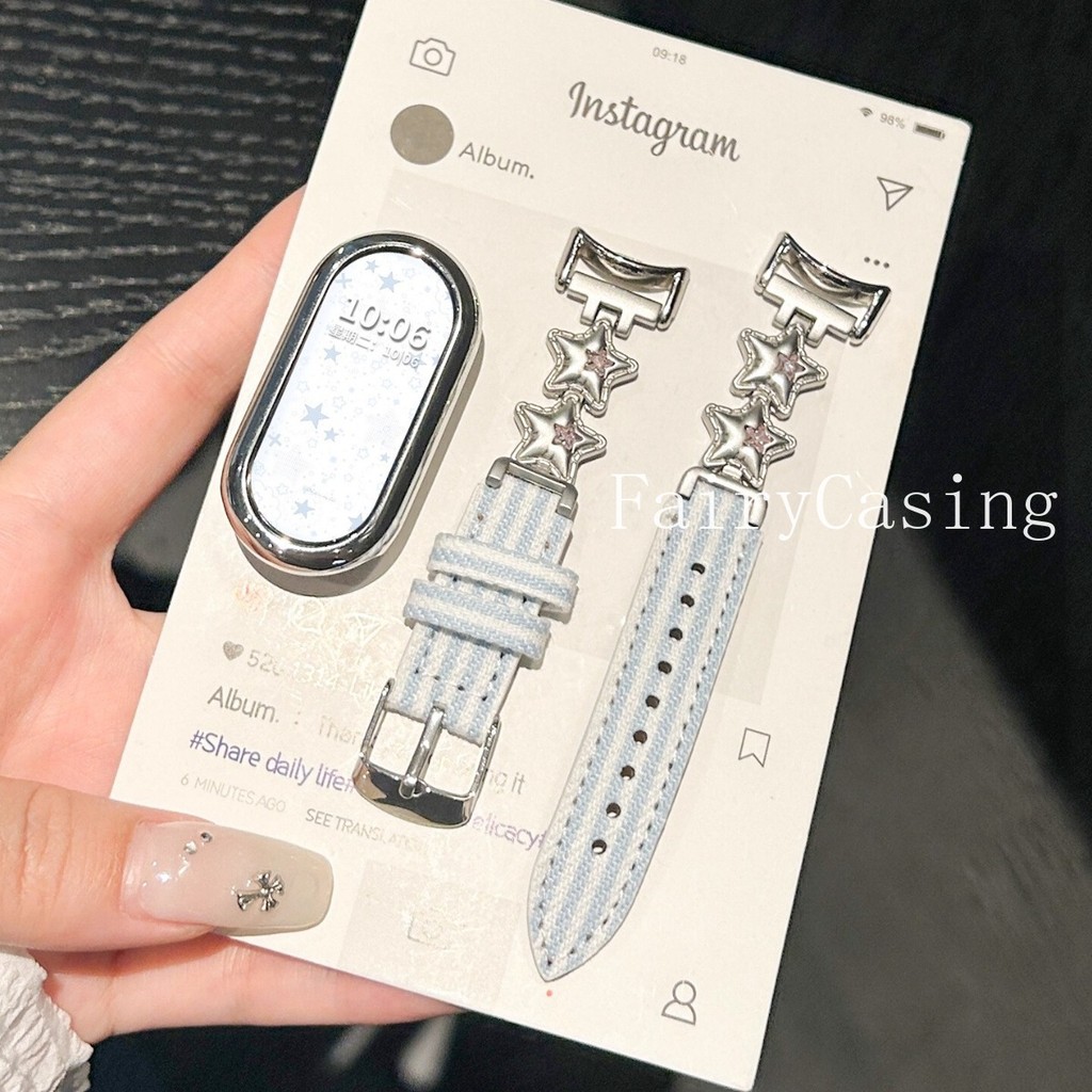 Dây Da Ngôi Sao Kim Cương Cho Xiaomi Mi Band 10 9 8 7 6 5 4 3 Dây Da Mỏng Cho Miband 10pro Sọc Vòng Tay Vải