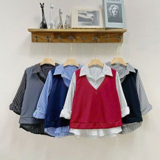 Áo Ghile Kèm Sơ Mi Bigsize Nữ Somi Tay Dài Kẻ Sọc Kèm Áo Thun Cổ V Cá Tính Unisex (A328+A335)