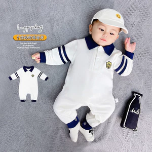 Sơ Sinh Jumpsuit Cotton Nguyên Chất Mùa Thu Quần Áo Bé Quý Ông Áo Liền Quần Phong Cách Anh Bé Trai Sọc Ve Áo Liền Quần Dài Tay
