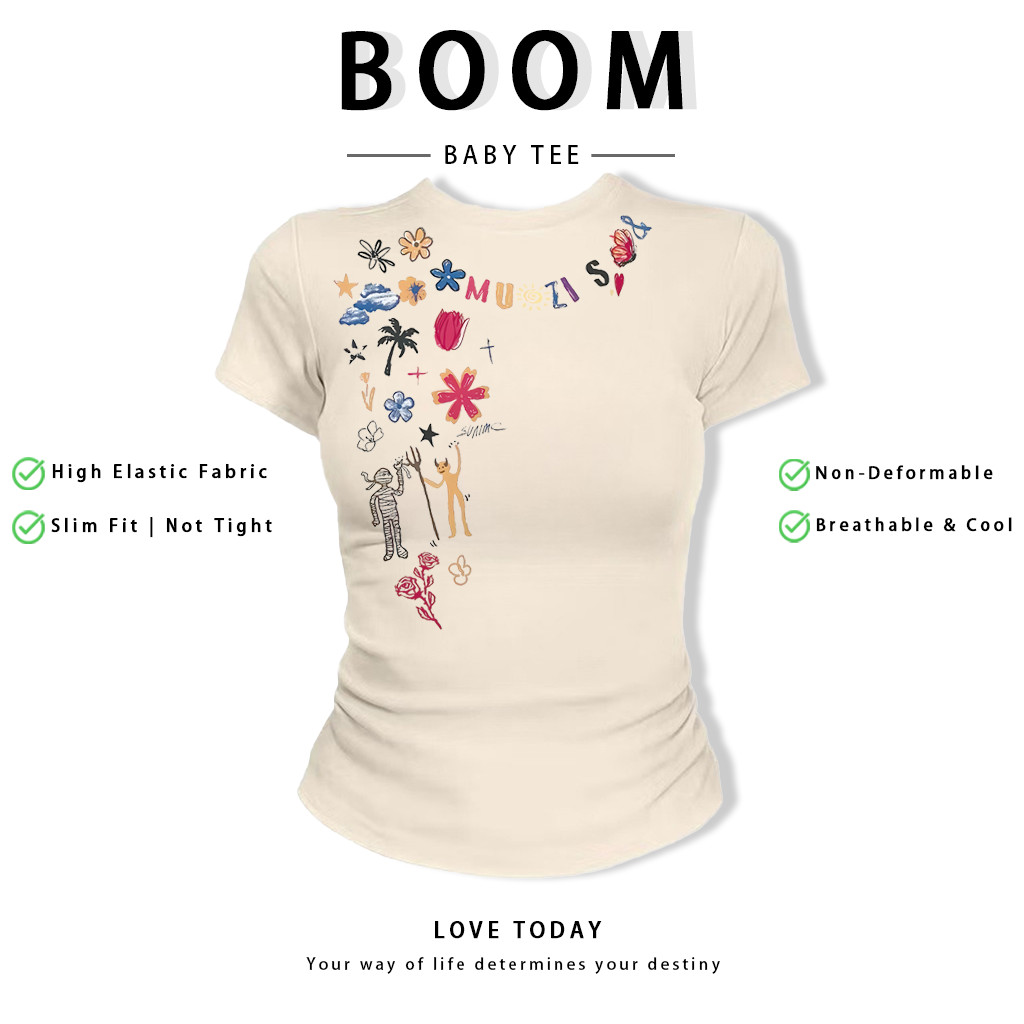 BOOM Áo Baby Tee Nữ Cotton Ôm Body-Áo Thun Ngắn Tay Y2K In Hình PhongCách Mùa Hè, Cổ Tròn Hàng Đầucách hàn quốc phongC51