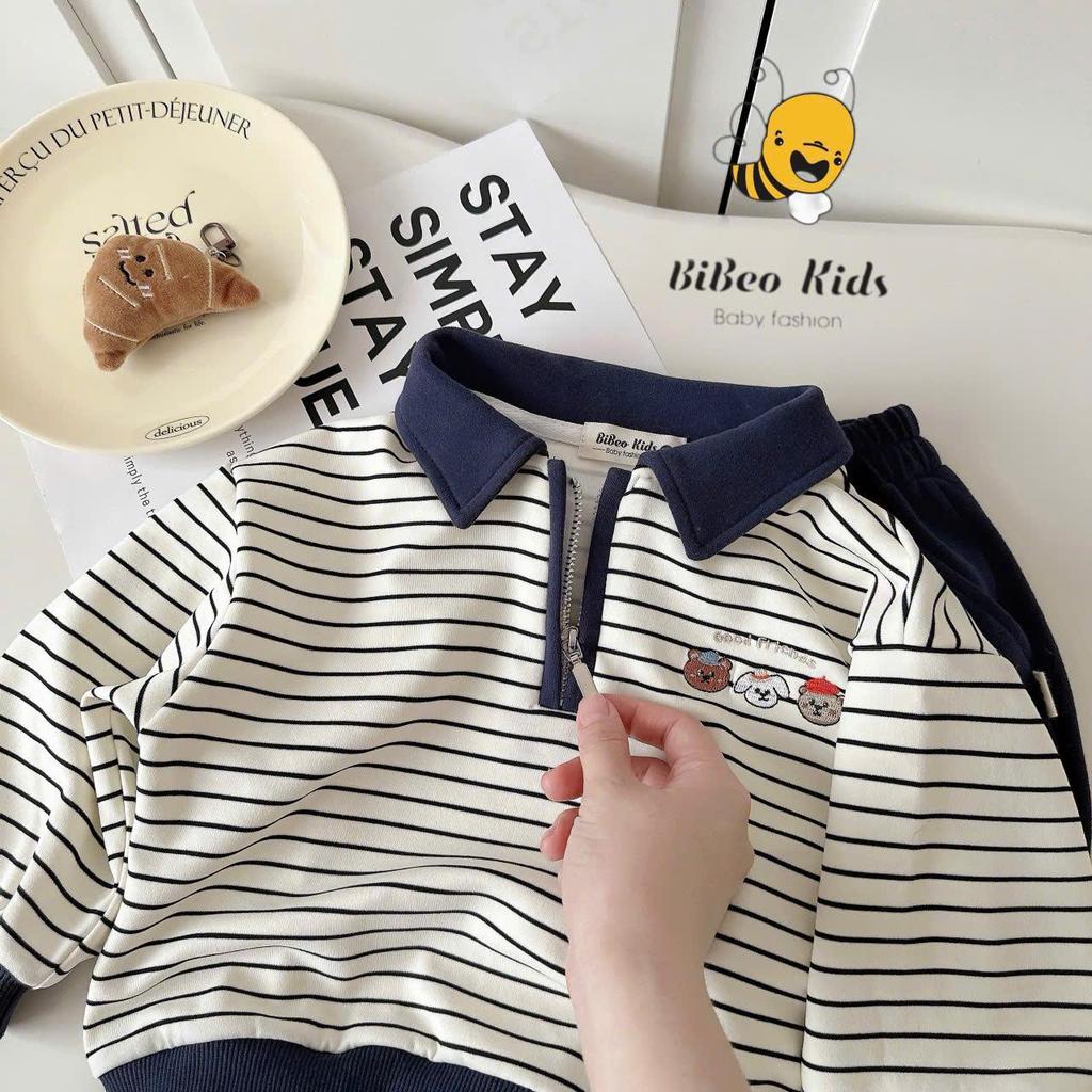 [BiBeo Kids] Bộ Quần Áo POLO THU ĐÔNG KẺ NGANG KÉO KHÓA cho bé trai ,Bộ quần áo dài tay cho bé