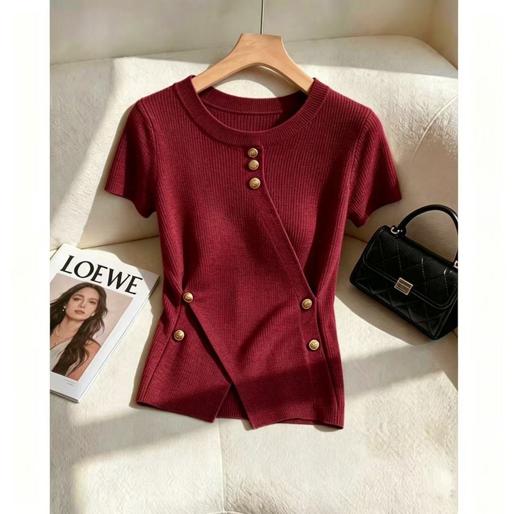 Nữ Mùa Hè Phong Cách Mới Nhất Người Nổi Tiếng Pháp Rượu Vang Đan Đỏ | Tính khí văn học Tay ngắn, Slim-Fit Slimer Look Thiết kế nút chéo phù hợp cho mọi trận đấu