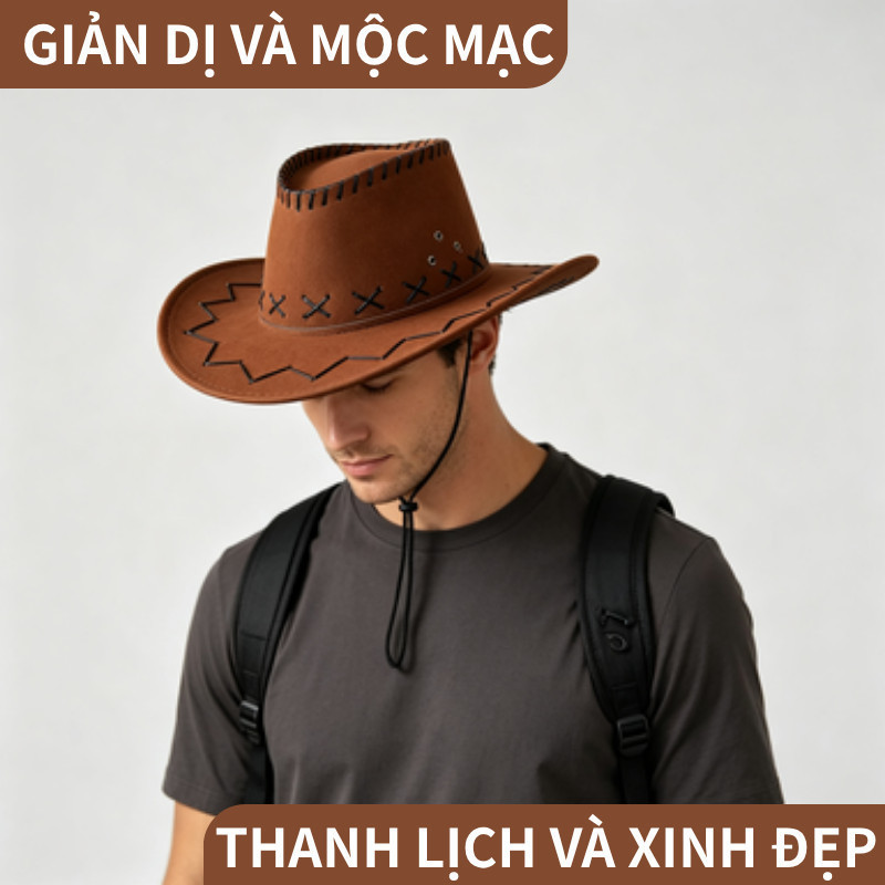 Nón Cao Bồi Nỉ Nam Nữ Đai Nâ,Mũ phớt vành rộng,Phong Cách Phương Tây