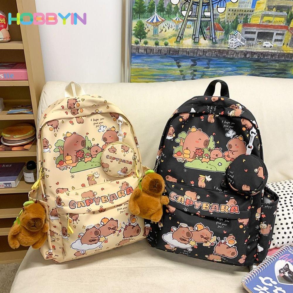 HOBBYIN Capybara Túi Đi Học, Ba Lô Capybara Hoạt Hình Nhẹ, Kawaii Dung Tích Lớn Chống Nước Học Sinh Schoolbag Bé Gái