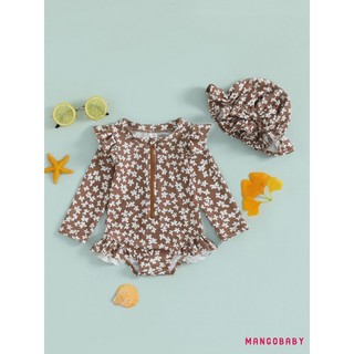 MG-Girls Bộ Đồ Tắm 2 Mảnh Trang Phục Cổ Tròn In Hoa Tay Dài Dây Kéo Đồ Bơi + Mũ Bơi Bộ Đồ Đi Biển Cho Bé Tập Đi