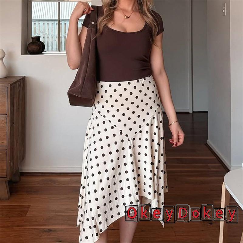 [OKDK] Váy Midi Nữ Thời Trang In Chấm / Sọc Một Đường Không Đều Viền Thấp Váy Cho Mùa Hè