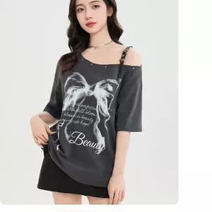 Thời Trang Off-the-Shoulder Nữ Tay Ngắn 2026 Nơ In Hình Cổ t-Sleeve Đính Rời Top Quần Áo Nữ Giao Hàng Ngày 24 tháng 5.19