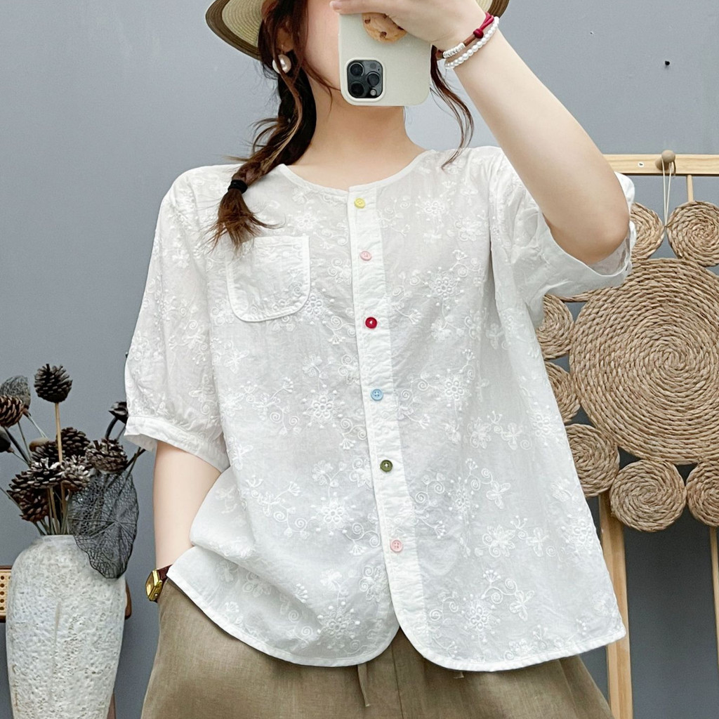 [Sẵn sàng] Áo sơ mi nữ Cotton chất lượng cao Nút màu thêu Jacquard tay ngắn dáng rộng Áo sơ mi ren công nghiệp