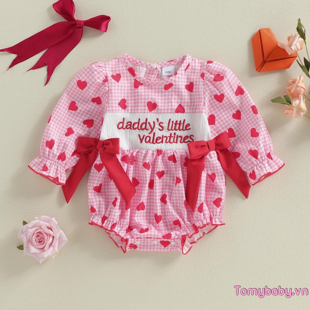 Bé Gái Valentines Áo Liền Quần Rời Phù Hợp Với Chữ Thêu Trái Tim Tình Yêu In Nơ Dài Tay Jumpsuit