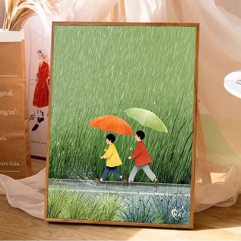 Tranh Canvas trang trí nhà cửa quyến rũ như trẻ con vào những ngày mưa, phong cảnh tươi mát, đẹp, vùng nông thôn xanh, thích hợp cho phòng ngủ và phòng khách