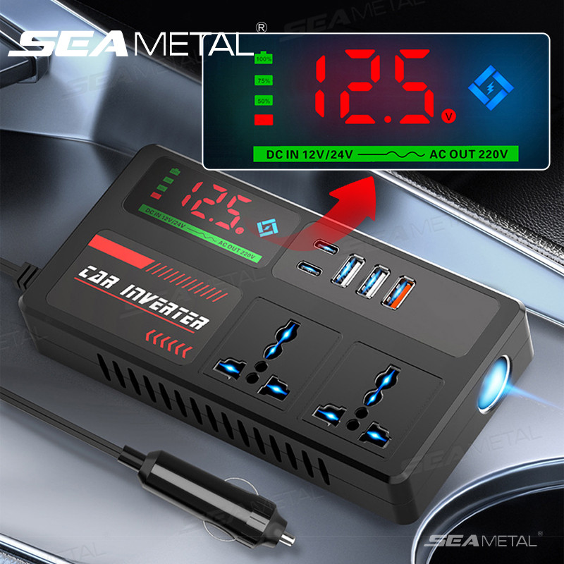 Bộ chuyển đổi ổ cắm ô tô di động SEAMETAL 12V / 24V sang 220V với 3 cổng USB Sạc nhanh Bộ sạc ô tô cho ô tô tự động, xe tải SUV RV