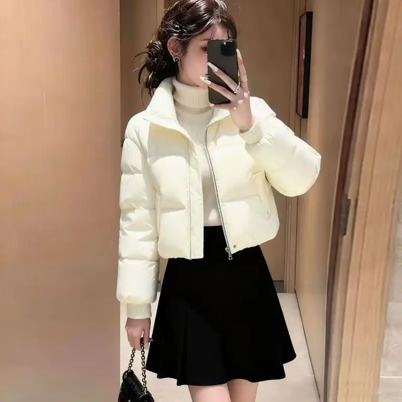 Áo khoác mùa đông nữ mới ngắn trắng Cotton đứng cổ dây kéo mỏng ấm áp