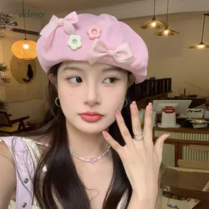 Mũ hình bát giác DELMER, Mũ nồi hoa nơ màu trơn Y2k, Mũ bí ngô cá tính Cotton Mũ họa sĩ phong cách đại học Mũ nữ