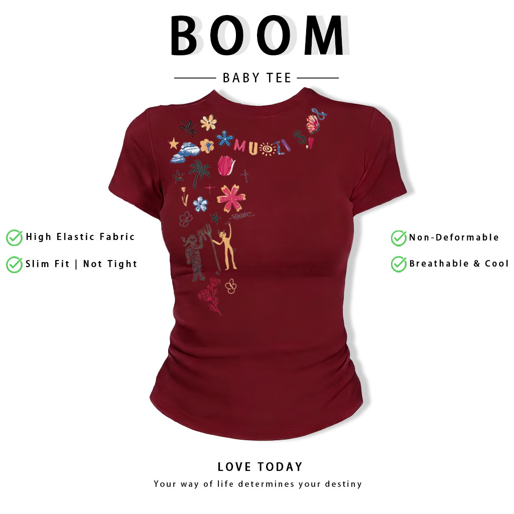 BOOM Áo Baby Tee Nữ Cotton Ôm Body-Áo Thun Ngắn Tay Y2K In Hình PhongCách Mùa Hè, Cổ Tròn Hàng Đầucách hàn quốc phongC51