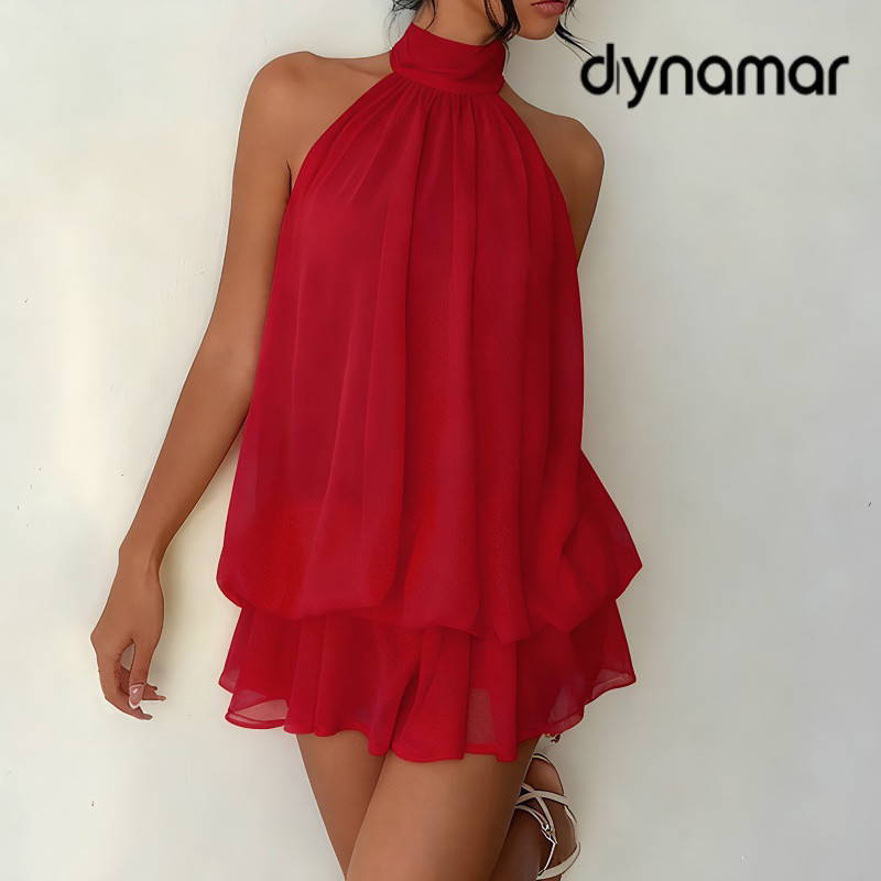 【dynamar】Đầm ngắn cổ yếm không tay phồng hở lưng gợi cảm thiết kế thắt nơ ôm sát