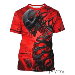 Đỏ Gothic Skeleton Skull Áo Thun Dark Kinh Dị In Cổ Tròn Tay Ngắn Dạo Phố Hàng Đầu