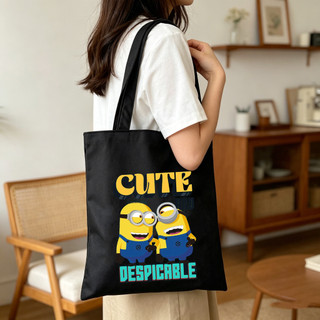 Túi tote đen in Minions phong cách graffiti, đeo vai dung tích lớn, đi học, mua sắm tái sử dụng, nhiều lựa chọn