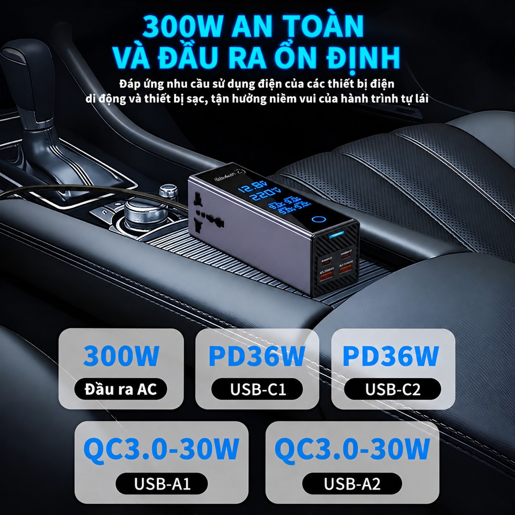 [Flash Sale] Màn hình lớn Bộ biến tần ô tô 300W Chuyển 12V /220V LCD cảm ứng 1 chạm 6 cổng sạc nhanh