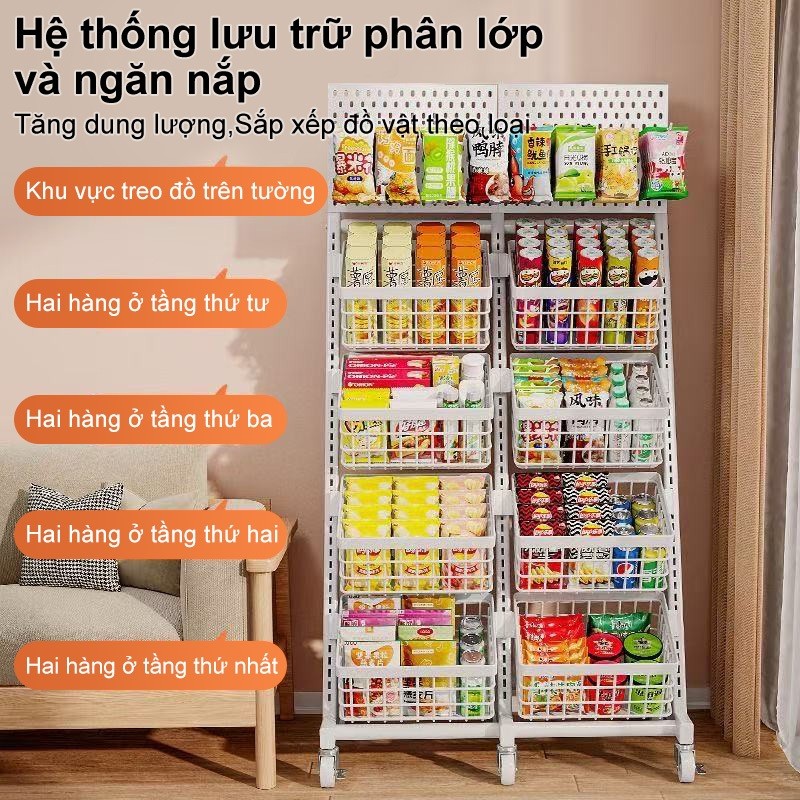 Kệ đẩy hàng tạp hóa chắc chắn bền đẹp Kệ siêu thị rộng rãi chứa đồ nhiều Xe đẩy đồ ăn vặt sắt dày dặn không gỉ