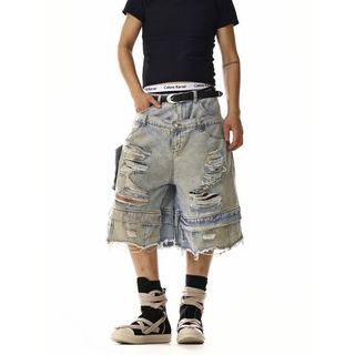 Quần short denim nam GKSSS Thương hiệu hợp thời trang Mỹ đục lỗ nặng chất lượng cao trung tính