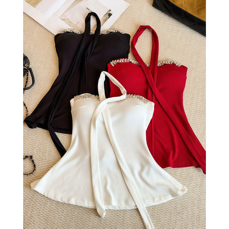 Mùa Hè Phong Cách Mới Gợi Cảm Công Nghiệp Nặng Kim Cương Dây Xích Một Vai Streamer Thiết Kế Áo Vest Nữ Tay Hẹp