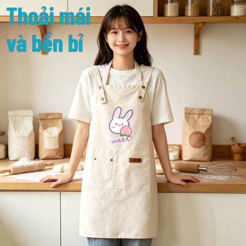 Tạp dề denim cotton, họa tiết dễ thương, thiết kế túi lớn, chống thấm nước, bền và chống dầu