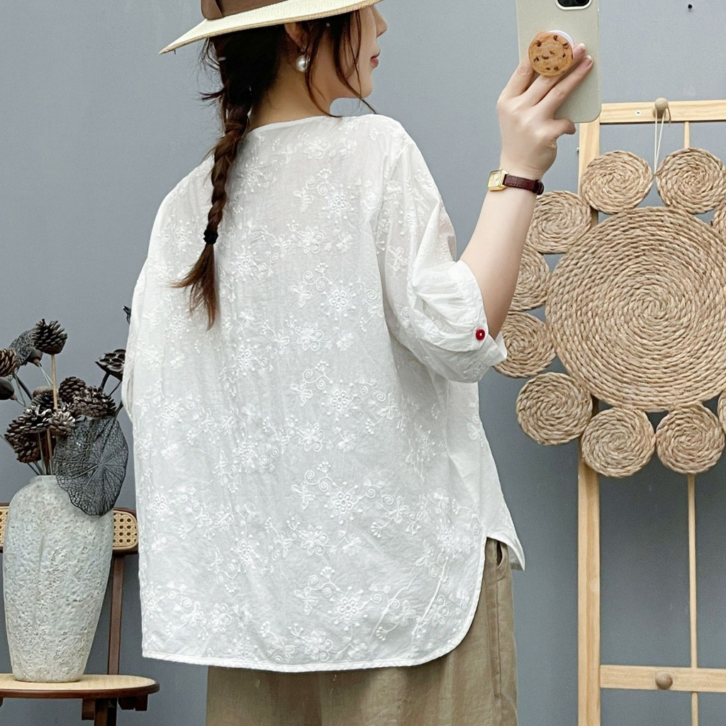[Sẵn sàng] Áo sơ mi nữ Cotton chất lượng cao Nút màu thêu Jacquard tay ngắn dáng rộng Áo sơ mi ren công nghiệp