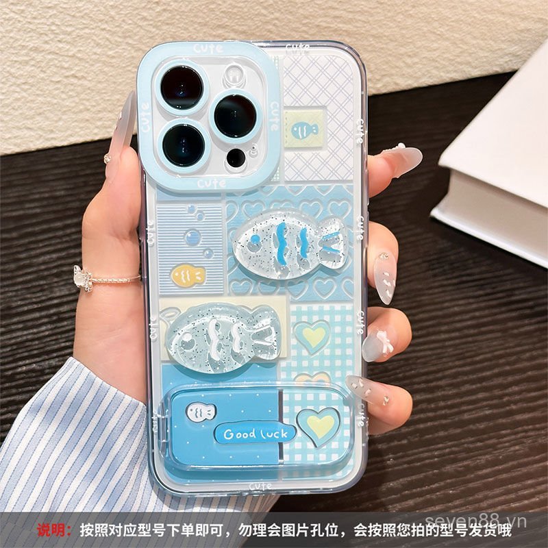 Ốp Điện Thoại Thích Hợp Cho iPhone 7 8 X XS XR XSMAX 11 12 13 14 15 16 17 Pro max Plus Air Blue Pink Grid Giá Đỡ Gương Cá Nhỏ Chống Sốc Vỏ Bảo Vệ Bao Gồm Tất Cả URR