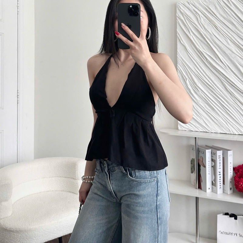 Áo Yếm Nữ Hở Lưng Hoa Nhí Cột Dây Sẵn Đệm Mút Chất Linen