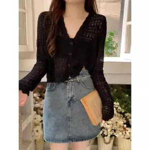 Áo Khoác Cardigan Len Mỏng Dáng Ngắn Cổ V Dệt Kim Áo Len Quảng Châu Kèm Ảnh Thật