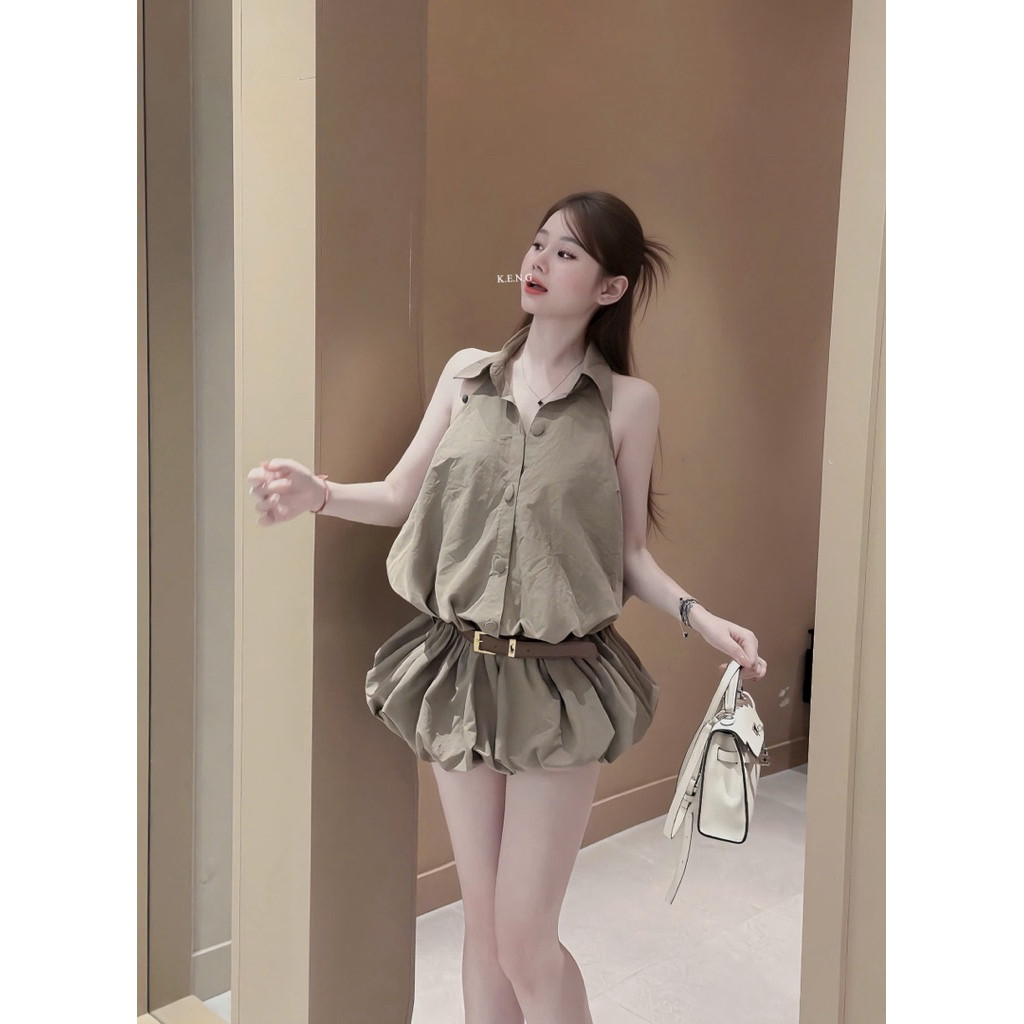 Đầm cổ yếm khuy bọc kèm đai chân xoè bồng siêu đẹp BYJOLIE