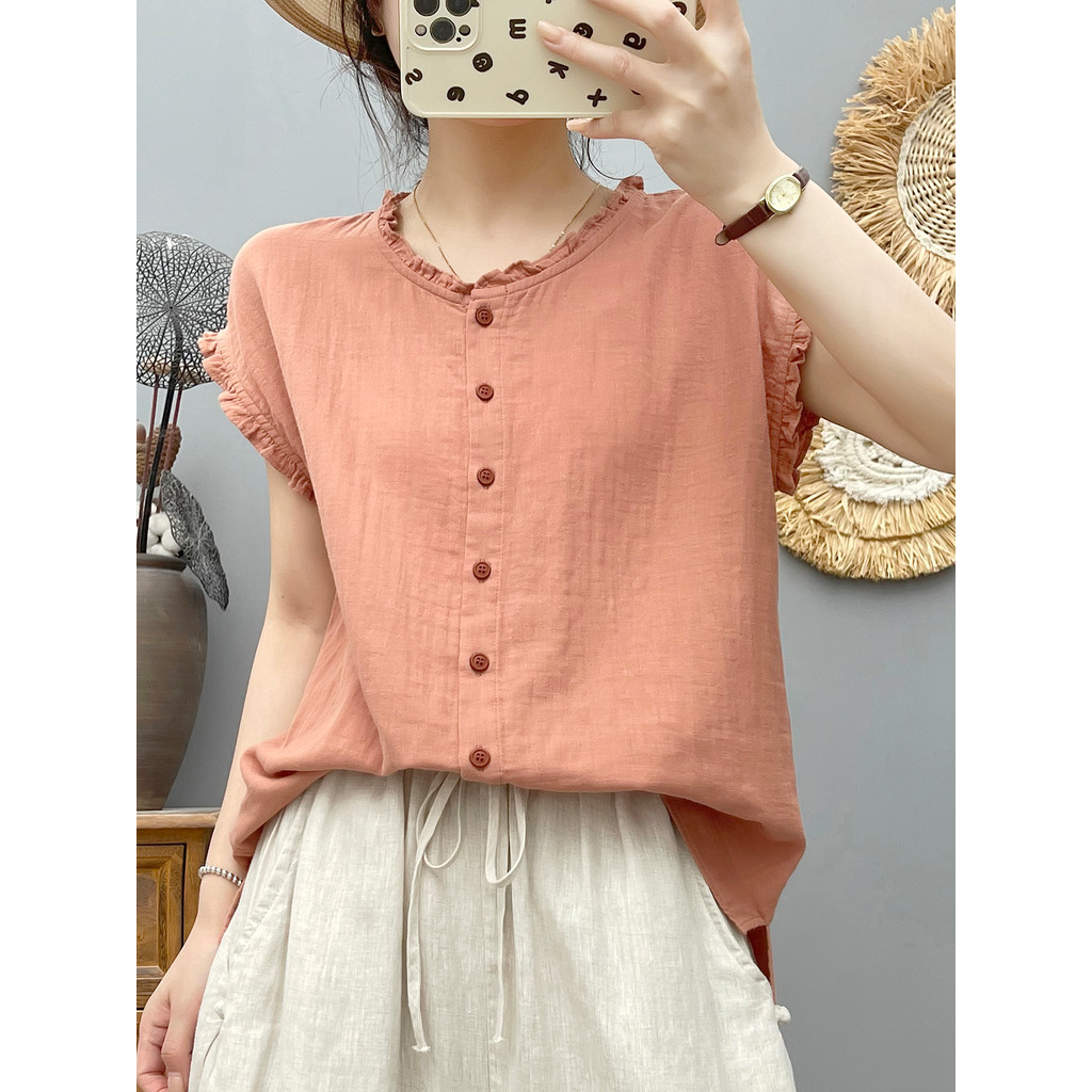 [Hàng có sẵn] Áo sơ mi nữ 100% sợi Cotton chất lượng cao Nghệ thuật mùa hè Cổ nhỏ tươi mềm mại Áo không tay thân thiện với da