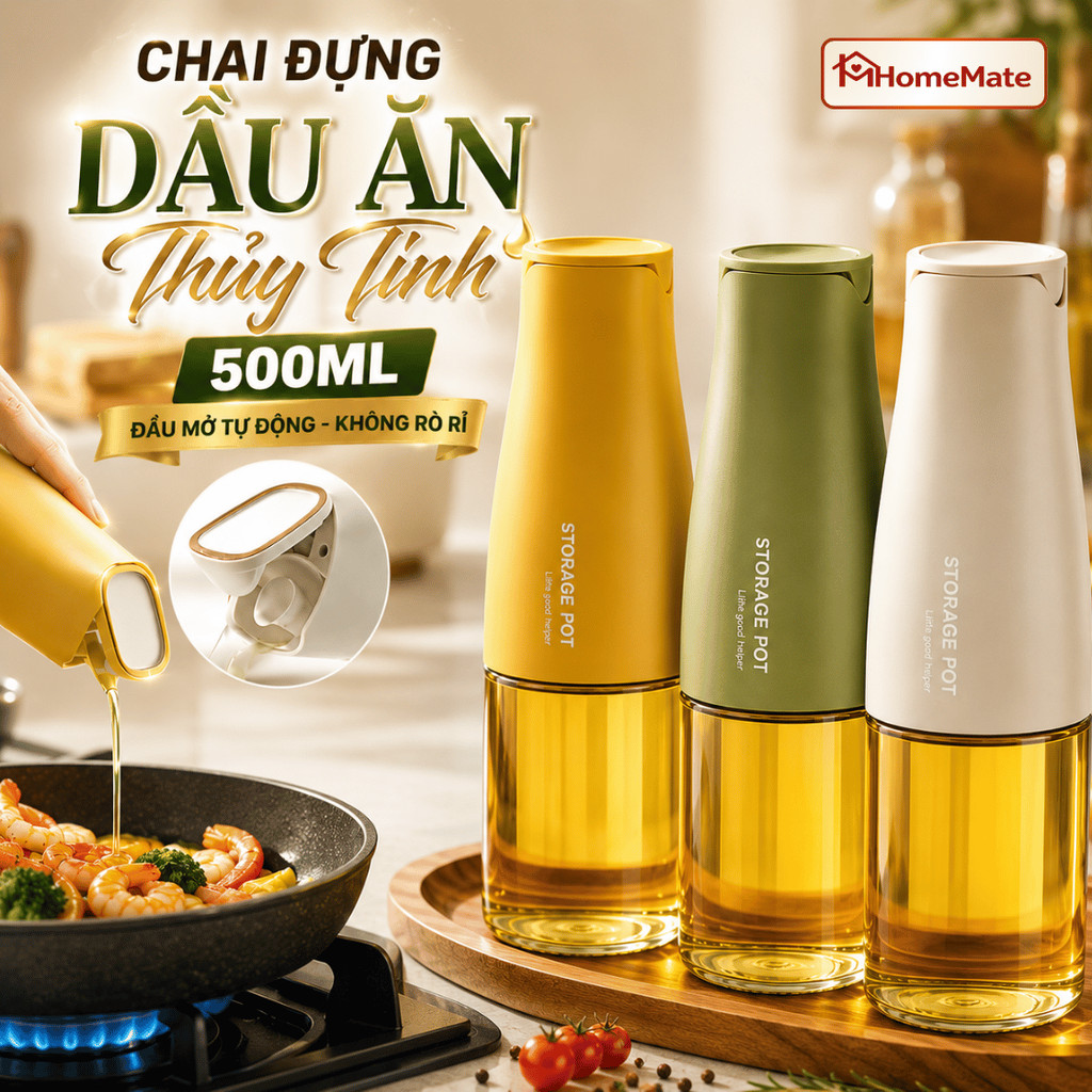 Chai Đựng Dầu Ăn Thủy Tinh 500ML HomeMate, Bình Rót Dầu Nắp Mở Tự Động Chống Tràn Tiện Lợi Nhà Bếp