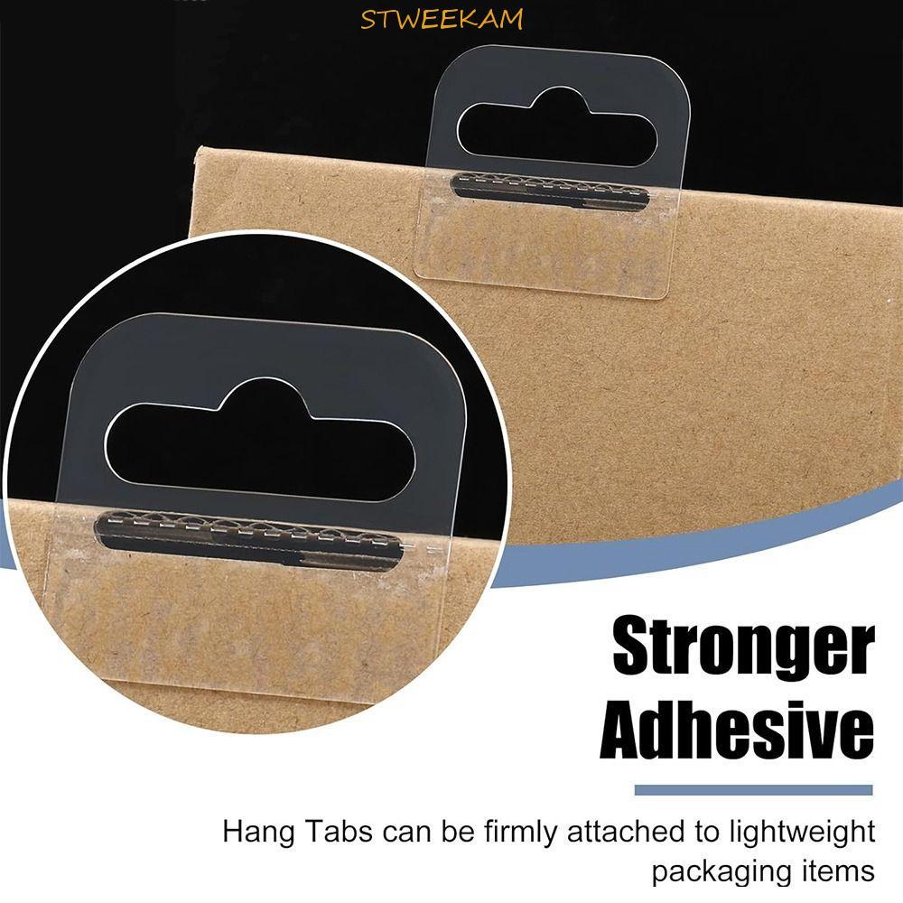 STWEEKAM 100 CÁI Thẻ treo bằng nhựa, Tab treo bằng nhựa PET trong suốt, tiện lợi với lỗ khe cắm Cửa hàng tự dính hạng nặng Tab treo Gói hàng hóa