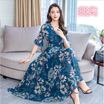 Váy dài qua gối họa tiết hoa mùa hè dành cho nữ, váy in họa tiết, váy ngắn tay cổ chữ V dài vừa phải, váy chữ A tay chuô