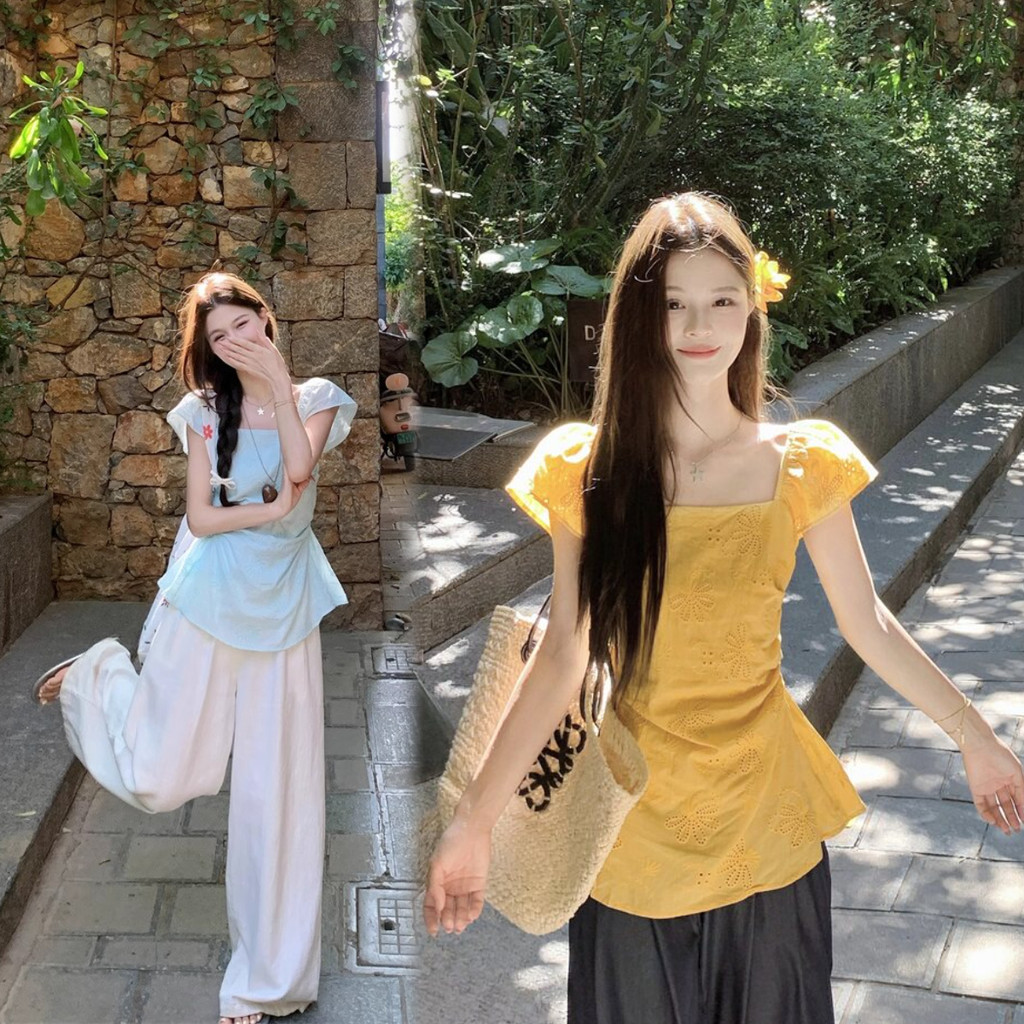 SUXI Áo sơ mi thêu rỗng đơn giản phong cách Pháp mới mùa hè dành cho nữ 260519