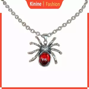 KIN Gothic Pha Lê Đỏ Nhện Mặt Dây Chuyền Vòng Cổ Punk Rock Bạc Dây Chuyền Dây Chuyền