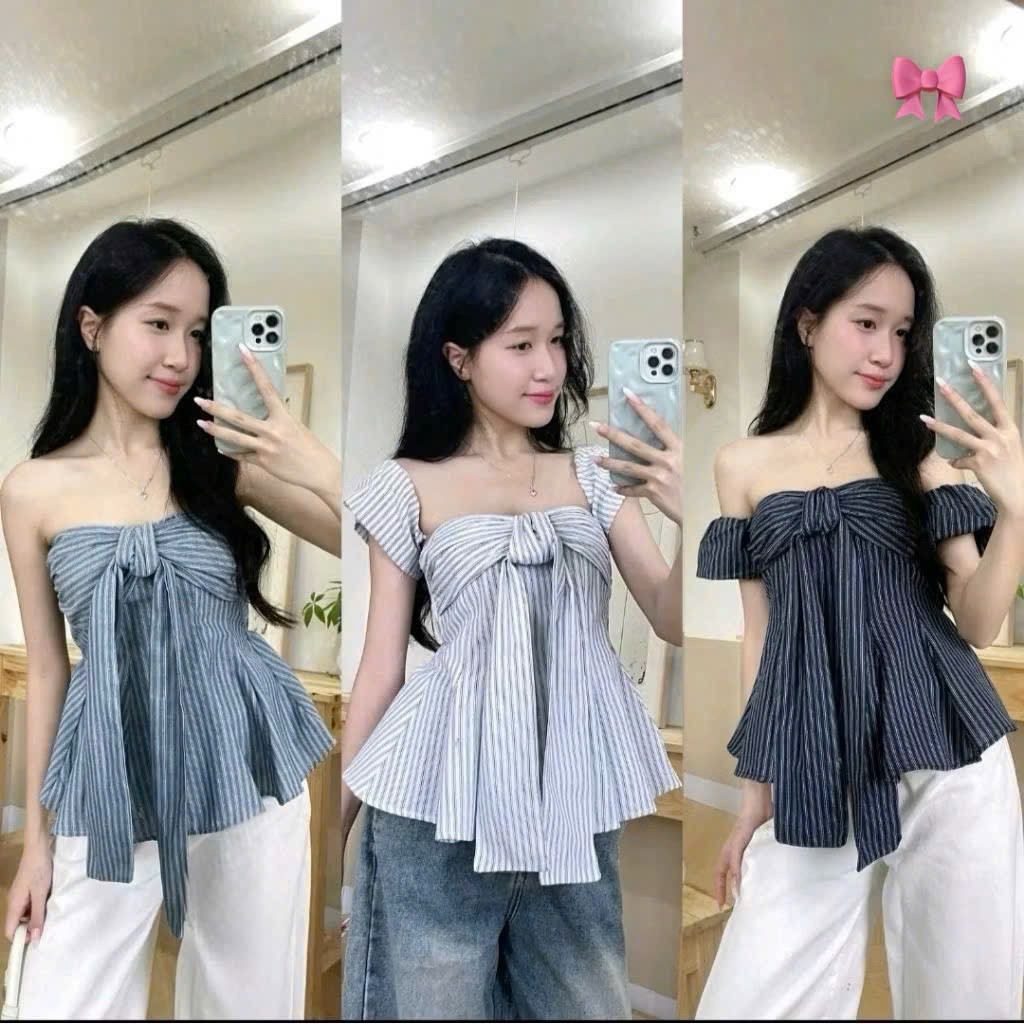 Áo Kiểu Cúp Ngực Cột Nơ Tay Phồng Rời Kẻ Sọc Kieupham.shopp