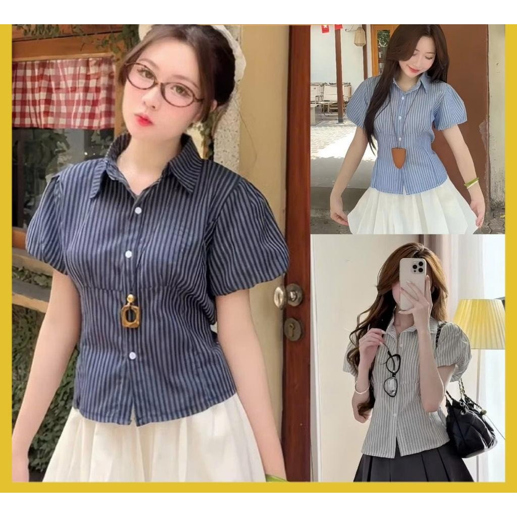 Áo sơ mi kẻ tay phồng dáng ngắn có dây thắt sau lưng chất thô linen cao cấp A285 SUTANO