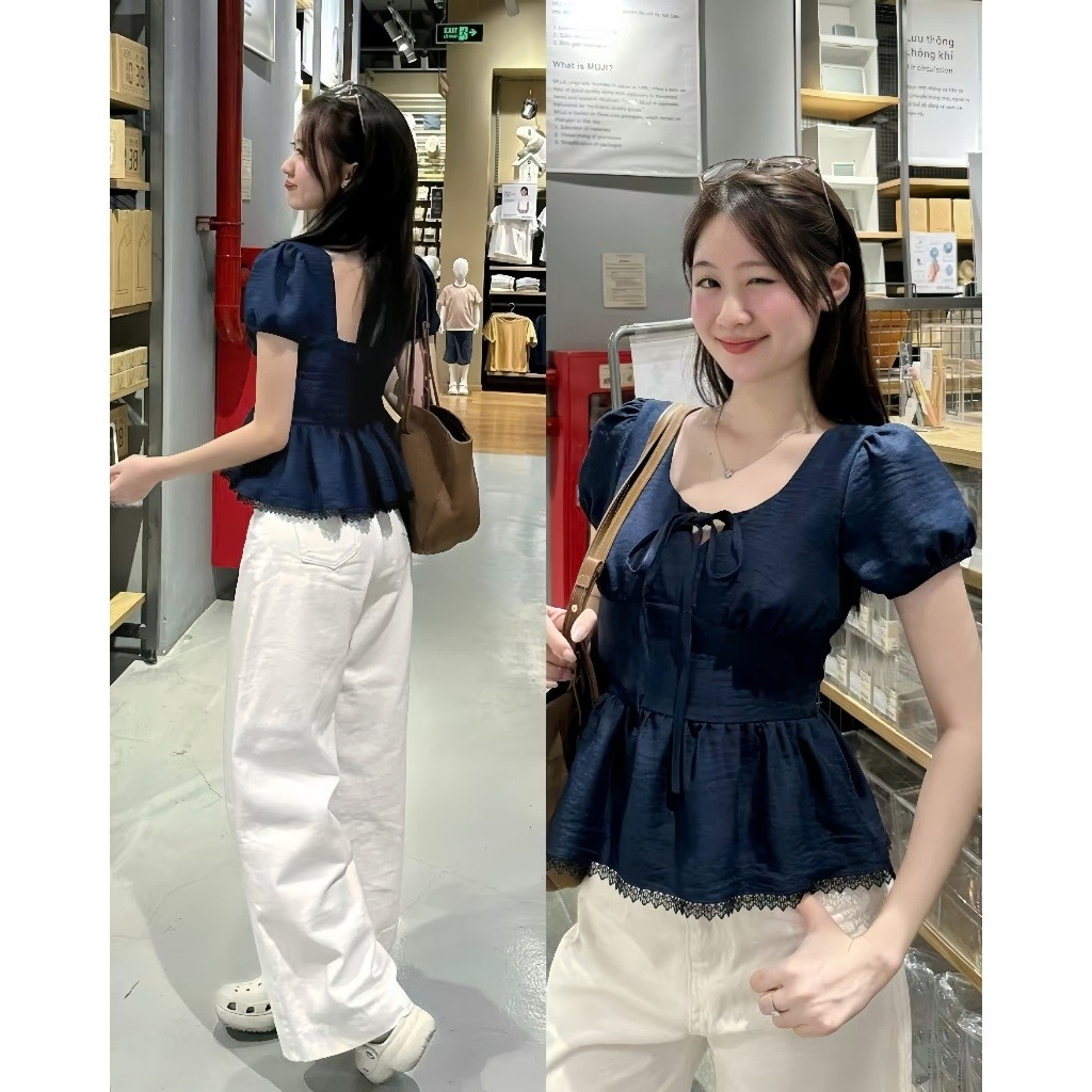 Áo kiểu buộc dây bo eo tay bồng pha ren cá tính  - A68
