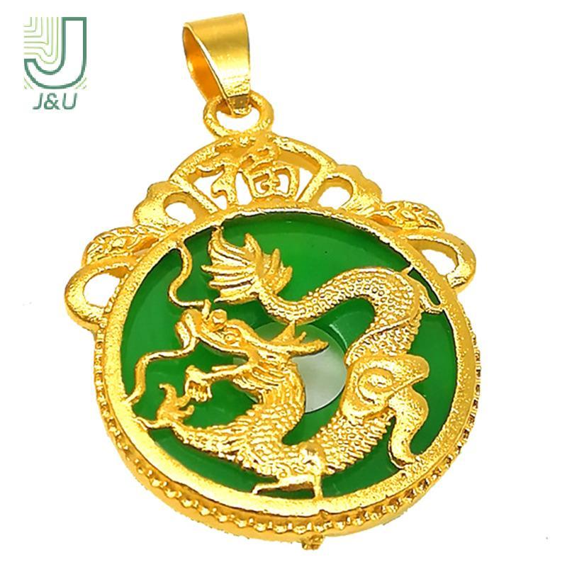 J & U Mặt Dây Chuyền Rồng Đá Xanh và Vàng - Phù hợp cho Nam/Nữ, May Mắn và Thời Trang