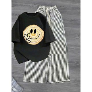Bộ quần ống rộng kẻ vằn  Xốp+ kết hợp áo phông Mùa hè hình XIN CHÀO- thubaaa