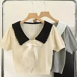 Áo Polo Croptop Nữ Dệt Kim Tay Ngắn, Cổ Bèo Thắt Nơ, Cardigan Tay Bồng