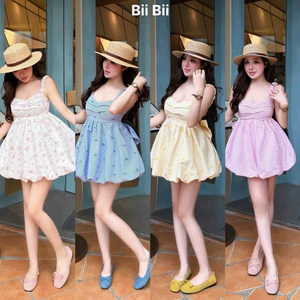 ĐẦM XÔ THÊU 2 DÂY NHÚN THUN HỞ NƠ LƯNG BÍ BYJOLIE