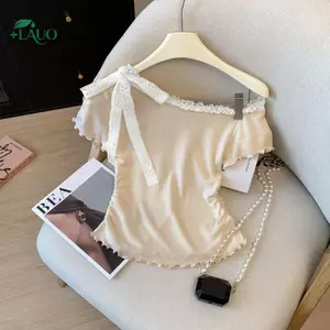 Áo thun ngắn tay ren lệch vai thời trang Springevenstar dành cho nữ mùa hè Springevenstar