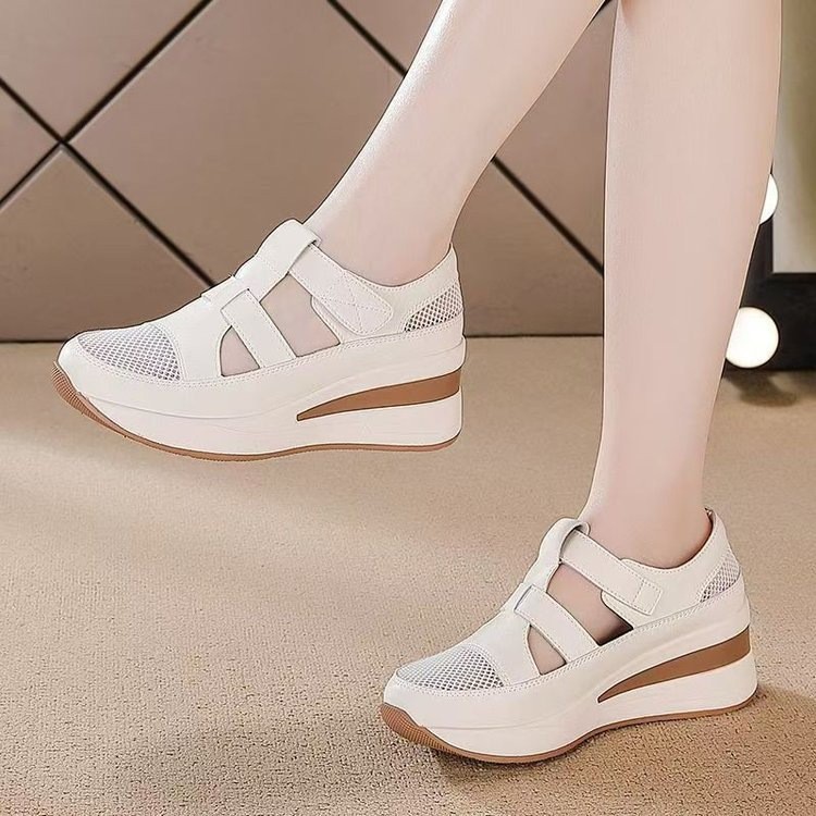 Nêm Gót Lưới Thoáng Khí Dép Nữ Mùa Hè Baotou La Mã Dép Đế Mềm Thoải Mái Giày Trắng RT0S