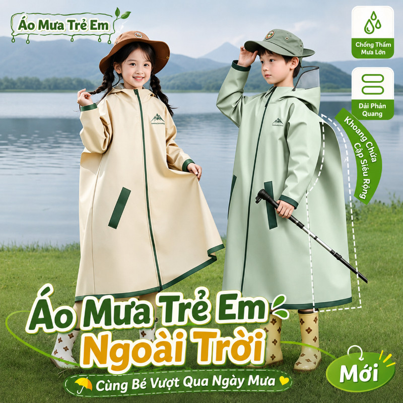Áo Mưa Trẻ Em Dài Chống Mưa Lớn – Một Mảnh Poncho Che Toàn Thân, Có Chỗ để Cặp Sách, Phù Hợp Cho Bé Trai, Bé Gái đi Học