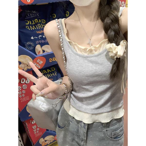 Thiết Kế Cảm Thấy Giả Hai Mảnh Ren Camisole Nữ Mùa Hè Pure Desire Slim-Fit Phong Cách Ngắn Bên Trong Mặc Bên Ngoài Không Tay Top26031103