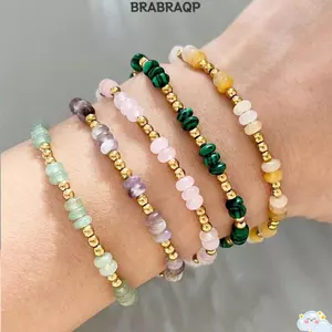 Vòng tay dây chuyền BRBRAA, Vòng tay nữ miếng đệm nhỏ bằng đá, Vòng đeo tay nữ phong cách Bohemian thời trang OT Vòng tay Aventurine màu xanh lá cây thủ công Thạch anh tím Malachite