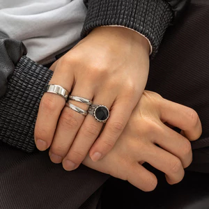 Bộ nhẫn thép không gỉ nam - Hình học Men đen mạ vàng trắng 4 mảnh - Unisex Daily Wear Không gây dị ứng
